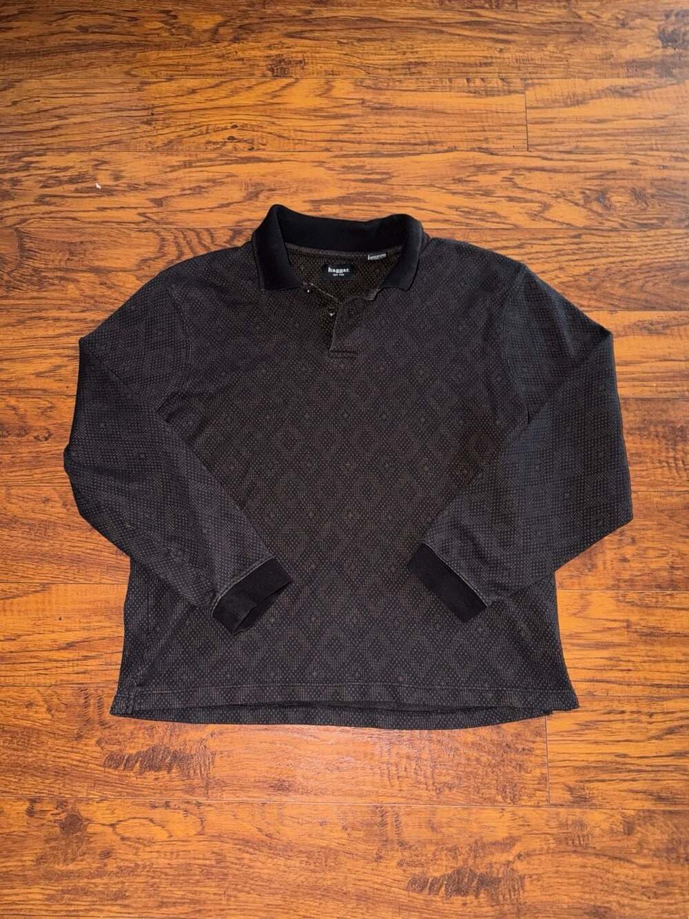 Haggar Long Sleeve Polo Size L Black Textured Jacquard Knit Shirt